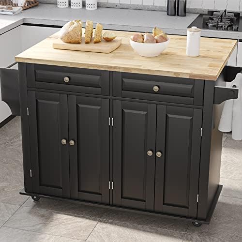 Gitua Rolling Kitchen Island with Drop Leaf – Movable Kitchen Carts on Wheels Island with Storage Cabinet, Island Table for Kitchen with Rubber Wood Top and Rack and Drawer, Matte, Black