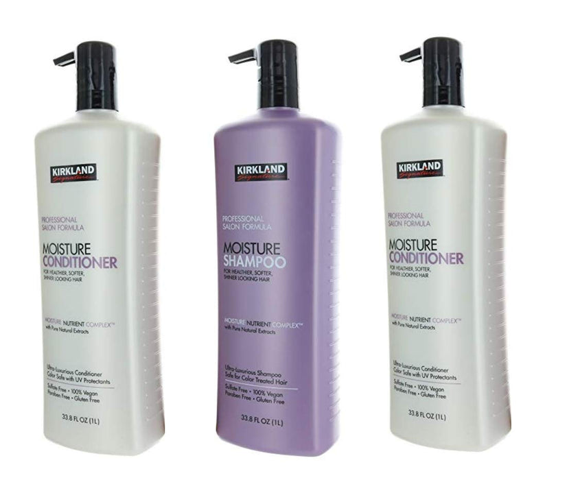 Kirkland Signature Shampoo & Conditioner Bundle - One Professional Salon Formula Moisture Shampoo + Two Conditioners (33.8 Fl. Oz Each)