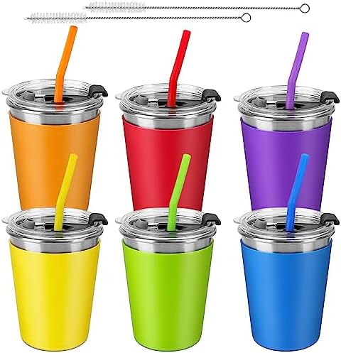 ShineMe 6pcs Spill Proof Cups for Kids,12oz Toddler Cups with Straws and Lids, Reusable Stainless Steel Kids Cups with Rainbow Color Silicone Sleeves for Cold & Hot Drinks
