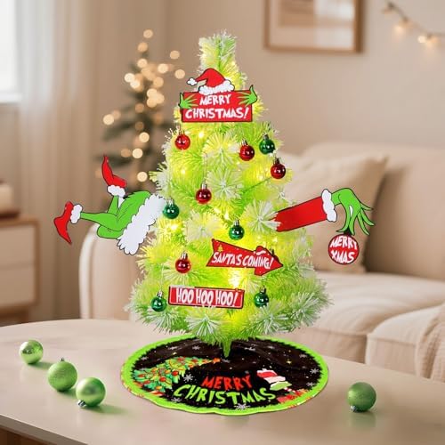 Grinchs Christmas Tree 24 in / 2 FT, Snow Flocked Pine Tree with Ornaments, Tree Skirt & Card Decor, Mini Xmas Tabletop Tree for Indoor Christmas Decorations, Office, Fireplace