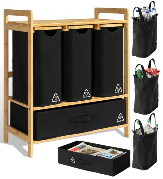 4 Section Recycling Bin for Kitchen – Dual Trash and Recycle Bins for Paper, Plastic, Cans – Indoor Bamboo Recycling Organizer – Decorative Wooden Recycle Bins for Kitchen & Office