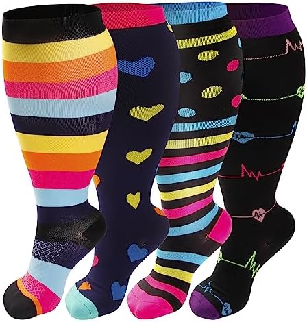 4 Pairs Plus Size Compression Socks for Women & Men, Extra Wide Calf 20-30 mmhg Knee High Compression Stockings for Circulation Swelling Support