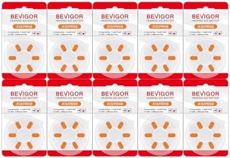 BEVIGOR Hearing Aid Batteries Size 13, Mercury Free (60 Count), Zinc Air Batteries, Easy to Open and Carry, 1.45V, Long Lasting Batteries