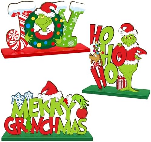 3 Pieces Christmas Table Signs Decorations, Merry Christmas Wooden Centerpiece Ornaments, Joy Wood Desktop Signs Decor for Kitchen Home Winter Whoville Xmas Holidays Theme Party Supplies