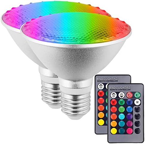 30W PAR30 RGB LED Flood Light Outdoor, Dimmable Color Changing LED Bulbs with Remote Control, Waterproof Lawn Lamp for Home Courtyard Christmas Party Decoration (2pcs)