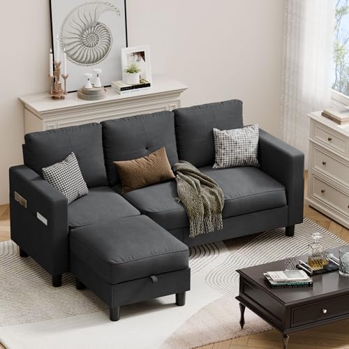 JAMFLY Convertible Sectional Couches for Living Room, L-Shaped Couch 3 Seat Sectional Sofa Set with Polyester Fabric and Movable Ottoman Small Couch for Apartments, Office(Black)