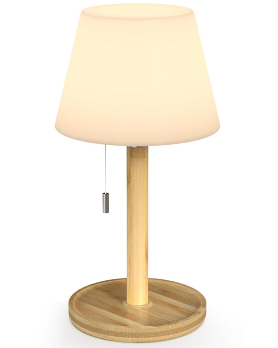 Outdoor Waterproof Table Lamp for Patio, Small Cordless Battery-Operated Lamp, Rechargeable Shower Light, 3 Lighting Modes Desk Light with Pull Chain Garden Outside Camping Bathroom, Wood Grain