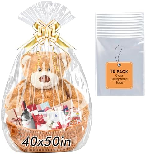 Yuiicaov 10PCS Extra Large Cellophane Bags, 40x50 Inches Clear Cellophane Wrap for Gift Baskets, Jumbo Huge Clear Gift Bags, Packaging Christmas Gifts 2.8 Mil Thick
