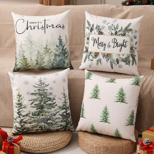 Double-Sided Print Christmas Pillow Covers 18"x18" Set of 4, 8 Cute Christmas Patterns, Tree, Merry Christmas, Truck, Merry & Bright, Let It Snow, Etc, Perfect for Home Decor