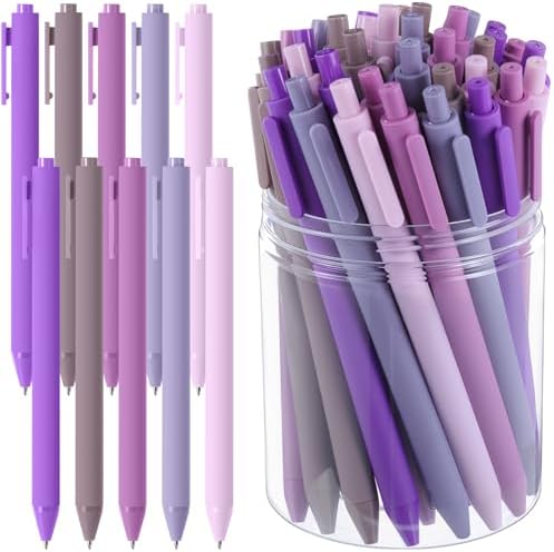 Crtiin 50 Pcs Gel Ink Pens Bulk, Black Ink 0.5mm Fine Point Retractable Pen, Smooth Writing Office School Supplies for Teacher, Server,Operation Christmas Charity Donation (Purple Series)