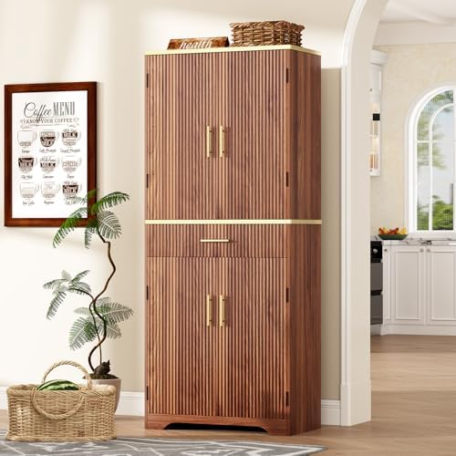 Fluted Pantry Cabinet, 71" Tall Modern Storage Cabinet with 4 Doors, Organizer, Drawer and 8 Door Shelves, Wood Cupboard for Kitchen, Dining Room, Living Room and Bathroom, Walnut