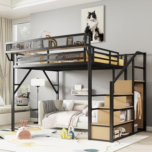 KEIKI Queen Size Metal Loft Bed Frame with Convertible Staircase, Built-in Storage Shelves & Wardrobe, Loft Bed with Solid Slats & Guardrail, No Box Spring Required, Easy Assembly, for Bedroom, Black