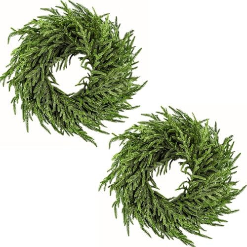 2 Pack Artificial Christmas Wreaths for Front Door, Norfolk Pine & Cedar Greenery with Red Velvet Bows, Real Touch Holiday Wreaths for Indoor Outdoor Decoration, No Assembly Needed
