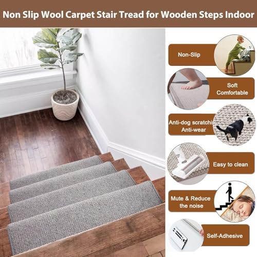 Bullnose Carpet Wool Stair Treads Non-Slip for Wooden Steps Indoor, Self-Adhesive Stair Protectors Soft Comfortable Carpet Runner,Pet Friendly Stair Rugs Covers Mats Staircase Step Covers,Washable(Gra