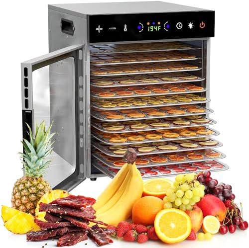 12-Tray Food Dehydrator – 600W Adjustable Temperature (86℉-194℉) & Digital Timer, Quiet Operation, Ideal for Jerky, Fruits, Vegetables, Dog Treats, and Healthy Snacks – Includes Recipe Guide