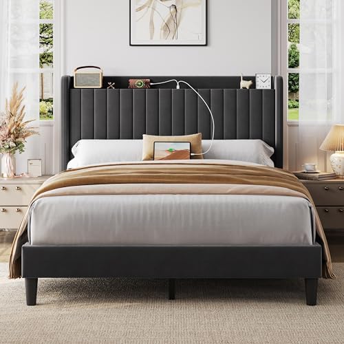 Yaheetech Queen Bed Frame with USB Charging Station and Storage Shelf/Upholstered Headboard Platform Bed with Wing Side/Wooden Slats Support/Noise Free/No Box Spring Needed/Easy Assembly, Dark Grey