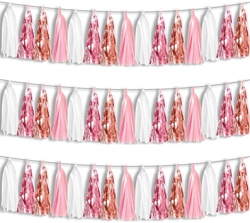 3P Pink White Peach Rose Gold Tassels Foil Fringe Metallic Garland Banner, Tassels Banner Streamers for Parade Floats, Bachelorette, Wedding, Birthday, Christmas, Bridal/Baby Shower Party Decorations