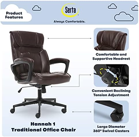 Serta Hannah Executive Home Office Desk Chair, Ergonomic Mid-Back with Lumbar Support, Firm Seat Cushion, Layered Body Pillows, Padded Armrests, Swivel Base, Easy Assembly, Faux Leather, Brown