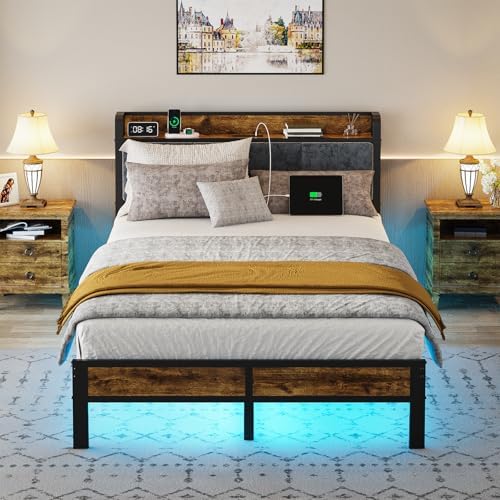 Full Bed Frame with Storage Charging Station Headboard, Smart LED Light, Metal Platform Bed No Box Spring Required, Easy Assembly, Noise Free