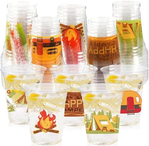 Camping Party Decorations Cups, 50 Pcs 12Oz Bulk Disposable Drinking Camping Theme Plastic Cups for BBQ Coffee Tea Beverage Backyard Birthday Shower Wedding Christmas Party Decorations Favors