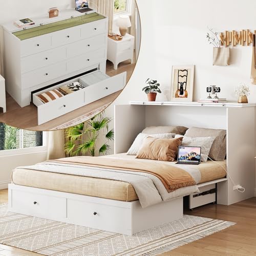 Queen Murphy Bed with Storage & Charging Station, Murphy Cabinet with Foldable Panel, Noisy Free, for Guest Bedroom, Living Room, Office, Distressed White
