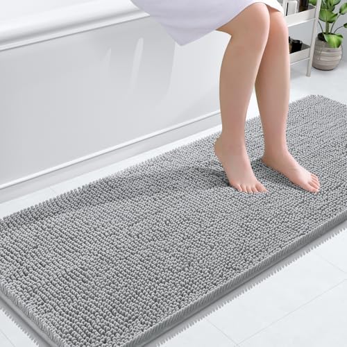 OLANLY Bathroom Rugs 59x24, Extra Soft Absorbent Chenille Bath Rugs, Rubber Backing Quick Dry, Machine Washable Bath Mats for Bathroom Floor, Tub and Shower, Home Decor Accessories, Light Grey