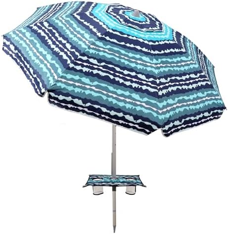 7ft Beach Umbrella with Built-in Table Tray，UPF 50+ beach umbrellas for sand heavy duty wind portable, Windproof Outdoor Shade Umbrella for Patio Garden