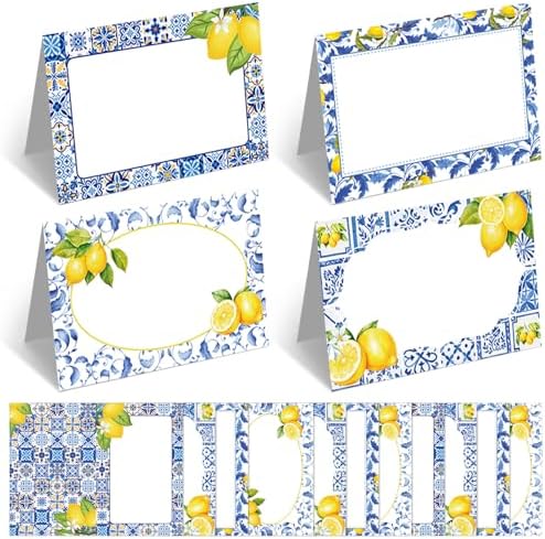Jetec 48 Pcs Capri Lemon Place Cards Yellow and Blue Tile Table Name Cards Tent Placard Buffet Food Label for Table Setting Birthday Bridal Shower Italy Yellow Lemon and Amalfi Coast Party Decoration