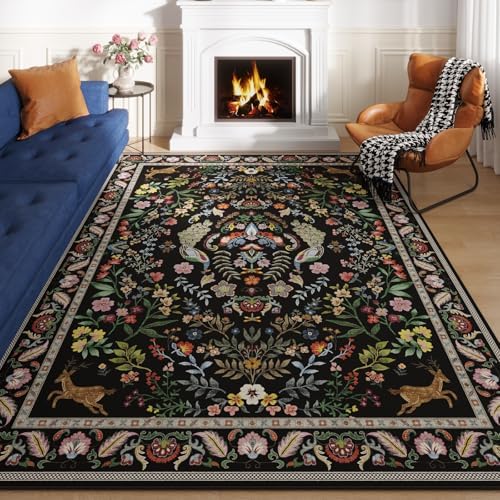Rugcomf 9x12 Area Rugs for Living Room Washable Rug Floral Non-Slip Large Rug for Living Room, Bedroom, Farmhouse, Dining Room, Kids Playroom (Vibrant Black)