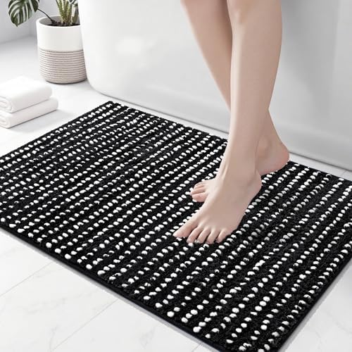 Bathroom Rugs 24'' x 17'', Extra Soft & Super Absorbent Bath Rugs Mat Non Slip Machine Washable, Quick Dry Bath Mats, Shaggy Microfiber Chenille Bath Rug for Bathroom Floor, Tub and Shower, Black