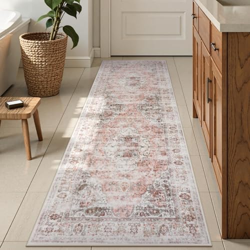 Uphome Bathroom Runner Rug, Distressed Tribal Farmhouse Blush Pink Bathroom Mat, Large Bathroom Rugs Non Slip Washable, Oriental Retro Boho Bath Mat Runner for Bathtub Sink Hallway, 24x59 inch