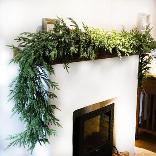 9ft Handmade Christmas Garland,Artificial Norfolk Pine Needles Greenery Seasonal Garland for Christmas Firepalce Winter Holiday Indoor Outdoor Decoration