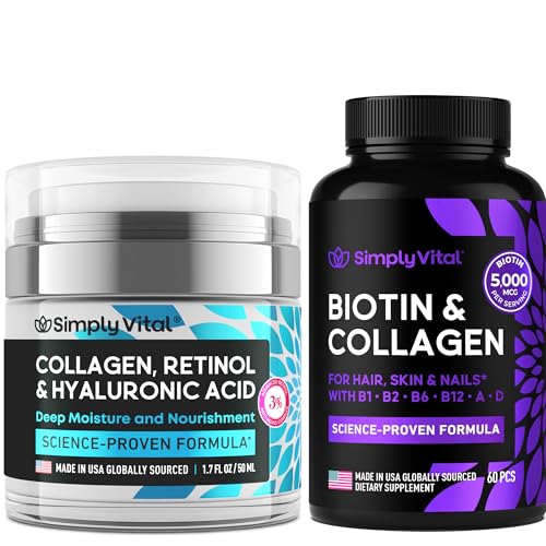 SimplyVital Biotin, Collagen & Retinol Bundle – 5000mcg Biotin for Hair, Skin & Nails + Anti-Aging Retinol & Hyaluronic Acid Cream for Face, Neck & Décolleté – Made in USA