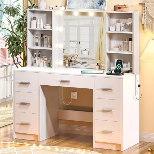 Makeup Vanity Desk with Mirror,10 Lights and Power Strip,Large Makeup Vanity with Shelves and 7 Drawers, Vanity Desk Dressing Table with 3 Color Adjustable Light,Vanity Table (White)