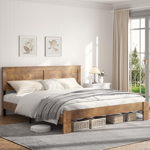 Wooden Bed Frame King Size with Headboard, Farmhouse Platform Bedframe with Wood Slat Support, Sturdy Framework Bed Frame, Easy Assembly (Rustic Brown)