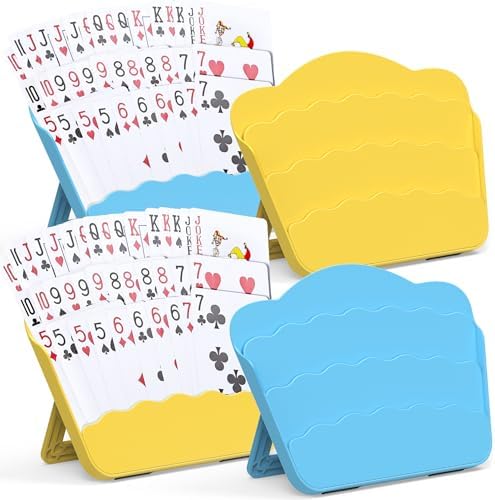 Playing Cards Holders Stands Decks w/Foldable Tabletop Stand, 3 Layers Design for Poker UNO Cards, Playing Card Accessories, Set of 4 (2 Blue + 2 Yellow)