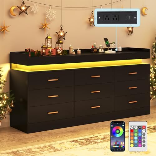 9 Drawer Dresser with Charging Station and LED Lights, Modern Chest of Drawers with Power Outlet, Organizer Cabinet for Bedroom, Living Room, Entryway, Black