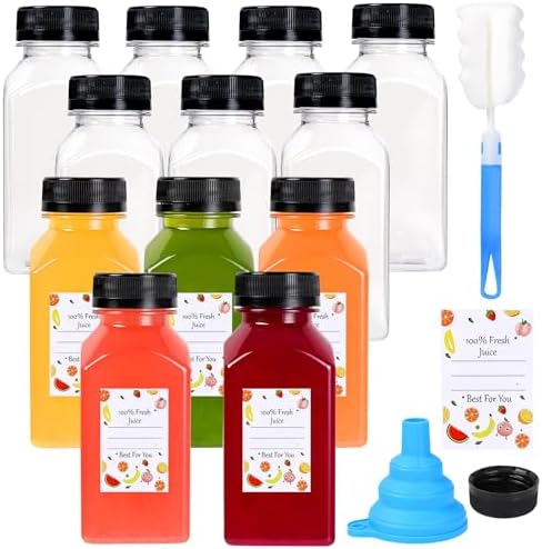 12 Pack Plastic Juice Bottles Empty Bottles with Caps Reusable Juice Containers with Leak-Proof Lids Black, Clear Bottles for Juicing, Milk, Smoothie, Drinking, and Beverages Christmas Gifts (8 OZ)