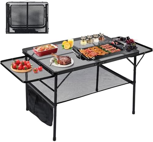 4.4FT Folding Grill Table, Portable Camping Table with Extension Board, Height Adjustable Metal Table with Mesh Desktop, Lightweight Outdoor Grill Table for Camping, Picnic, Beach and BBQ