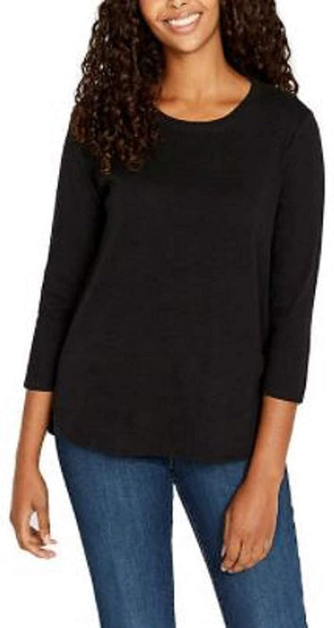 KIRKLAND Signature Women's Slub Scoop Neckline 100% Cotton 3/4 Sleeve Tee (Black, 2X)