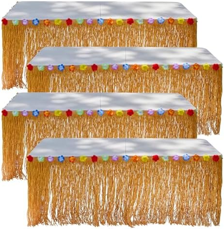 4 Pack Luau Grass Table Skirt 9 Feet x 29 Inches Hawaiian Table Skirt for Tropical Hawaiian Party Decorations Luau Party Costume Party, Authentic Island Party Decor with Hibiscus Flowers,