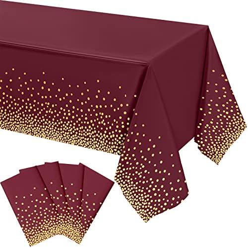Tegeme 4 Packs Wine Red and Gold Plastic Table Cloths for Parties Disposable Graduation Ramadan Mubarak Tablecloths Decoration with Gold Stamping Dot 108 x 54'' for Birthday Graduation Ramadan Party