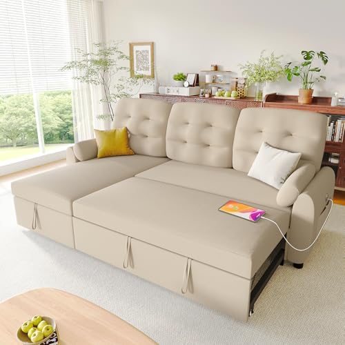 Ucloveria Sleeper Sofa Bed, 86" Convertible Sectional Sofa Couches for Living Room, Pull Out Couch Bed with Reversible Storage Chaise | USB Ports | Side Pockets | Removable Backrest