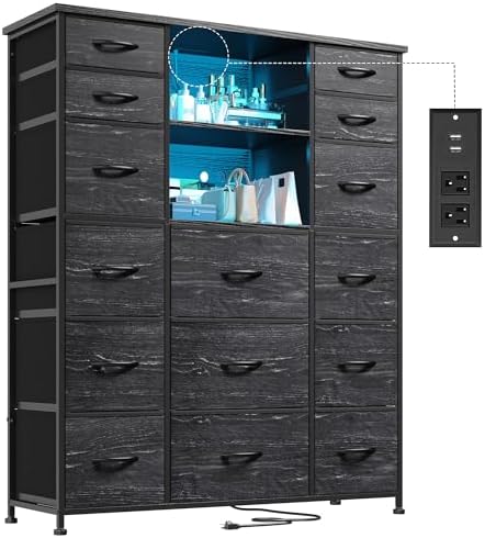 EnHomee 51" H Dresser with 15 Drawers Dresser for Bedroom with Charging Station & LED Lights & Hutch Sturdy Black Bedroom Dressers, Steel Frame, Wood Top, 51.2" H x 39.3" W x 11.8" D