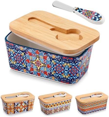 vancasso SIMI Butter Dish with Lid, 6.5" Large Butter Dish for Countertop, Bohemian Ceramic Butter Keeper Container with Knife and Bamboo Lid, Butter Holder for Counter, Twilight Bloom