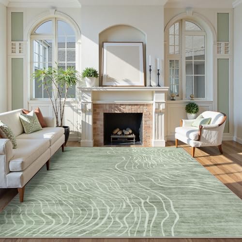 LIVEBOX 8x10 Modern Area Rugs for Living Room, Abstract Non-Slip Washable Rugs, Minimalist Wave Striped Neutral Boys Girl Nursery Area Rug for Bedroom, Carpet for Playroom Office(Sage Green,8'x10')