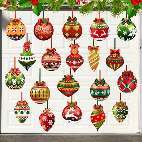 40 Pcs Christmas Magnetic Garage Door Decorations Christmas Ball Garage Door Magnets Stickers with Bows Refrigerator Stickers Car Door Decals for Indoor Outdoor Holiday Party Decoration