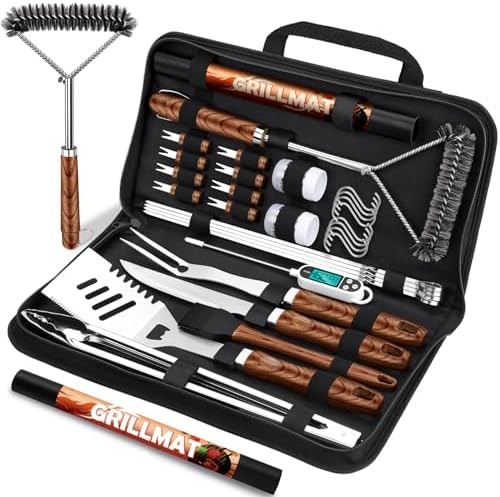 31pcs BBQ Grill Accessories Set for Men Dad, Heavy Duty Grilling Tools Gifts for Fathers Day, Stainless Steel BBQ Utensils Kit with Mats, Grill Brush in Carrying Bag Brown