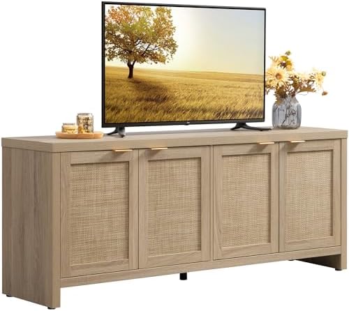 SICOTAS TV Stand for Living Room Boho Entertainment Center for Bedroom with 4 Rattan Cabinets Farmhouse Television Stands with Storage Large Media Console Table for TVs up to 45 50 55 60 65 Inch