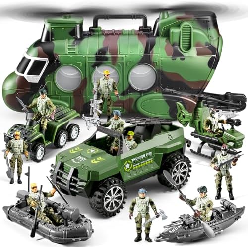 56-In-1 Army Men Toys Sets for Boys 4-7 8-12, Military Helicopter/Truck/Kayak Boat/Motorcycle/Army Men Action Figures/Weapon Gears, Army Toys for Boys Kids Christmas Birthday Gifts Party Favors